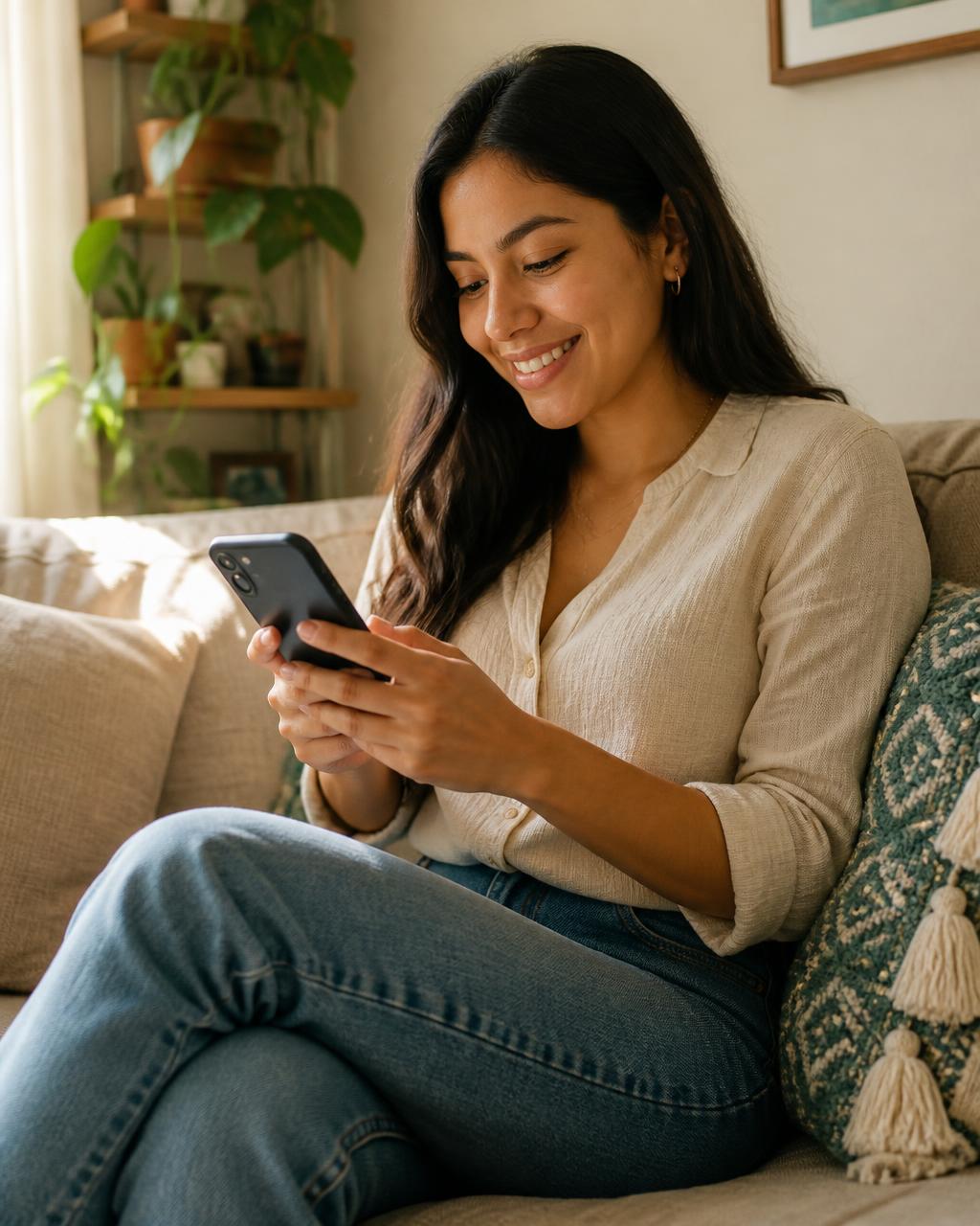 Mujer joven en México trabajando medio tiempo desde su celular en casa