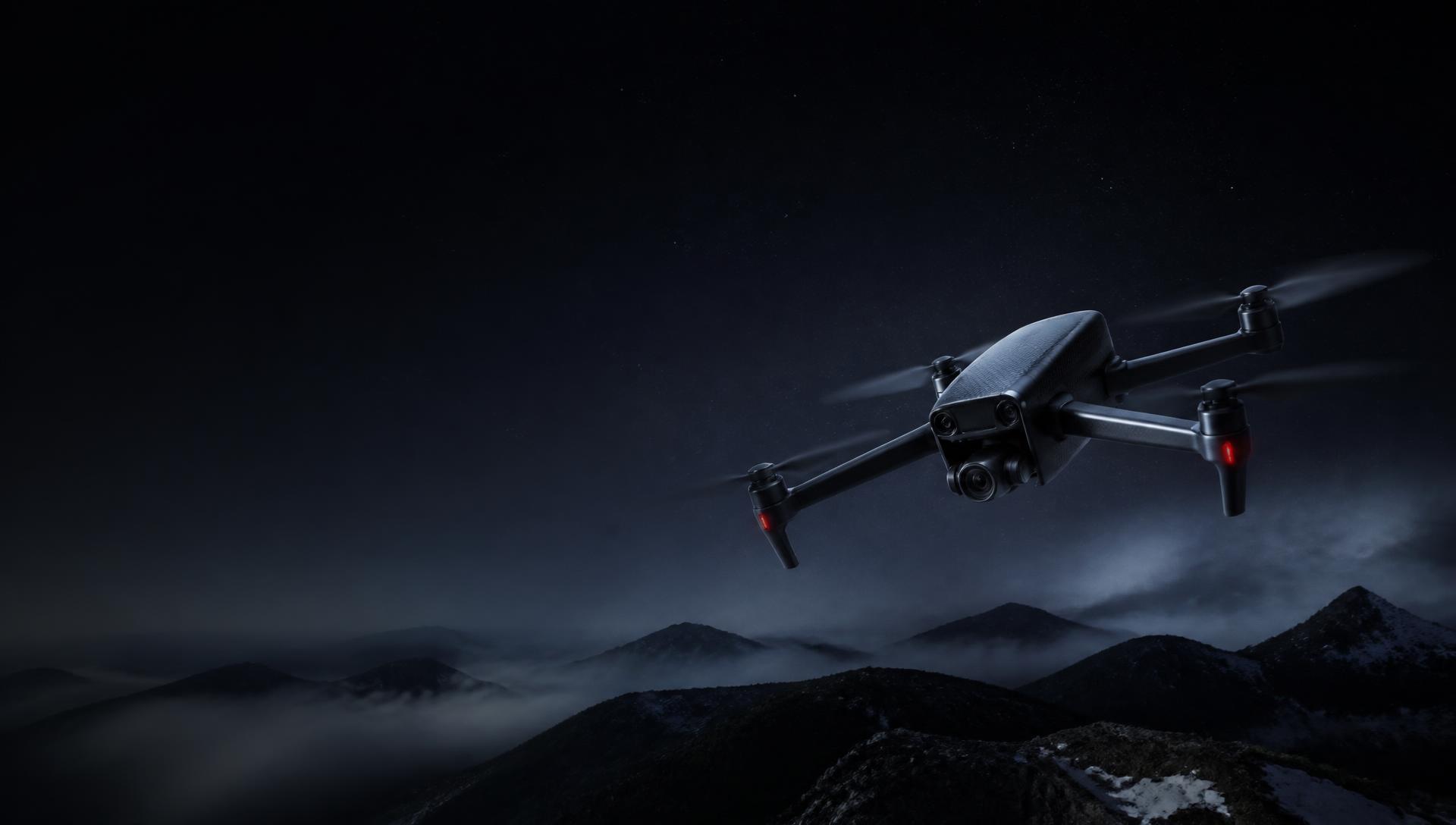 AERO X drone in flight above moonlit mountain peaks at night